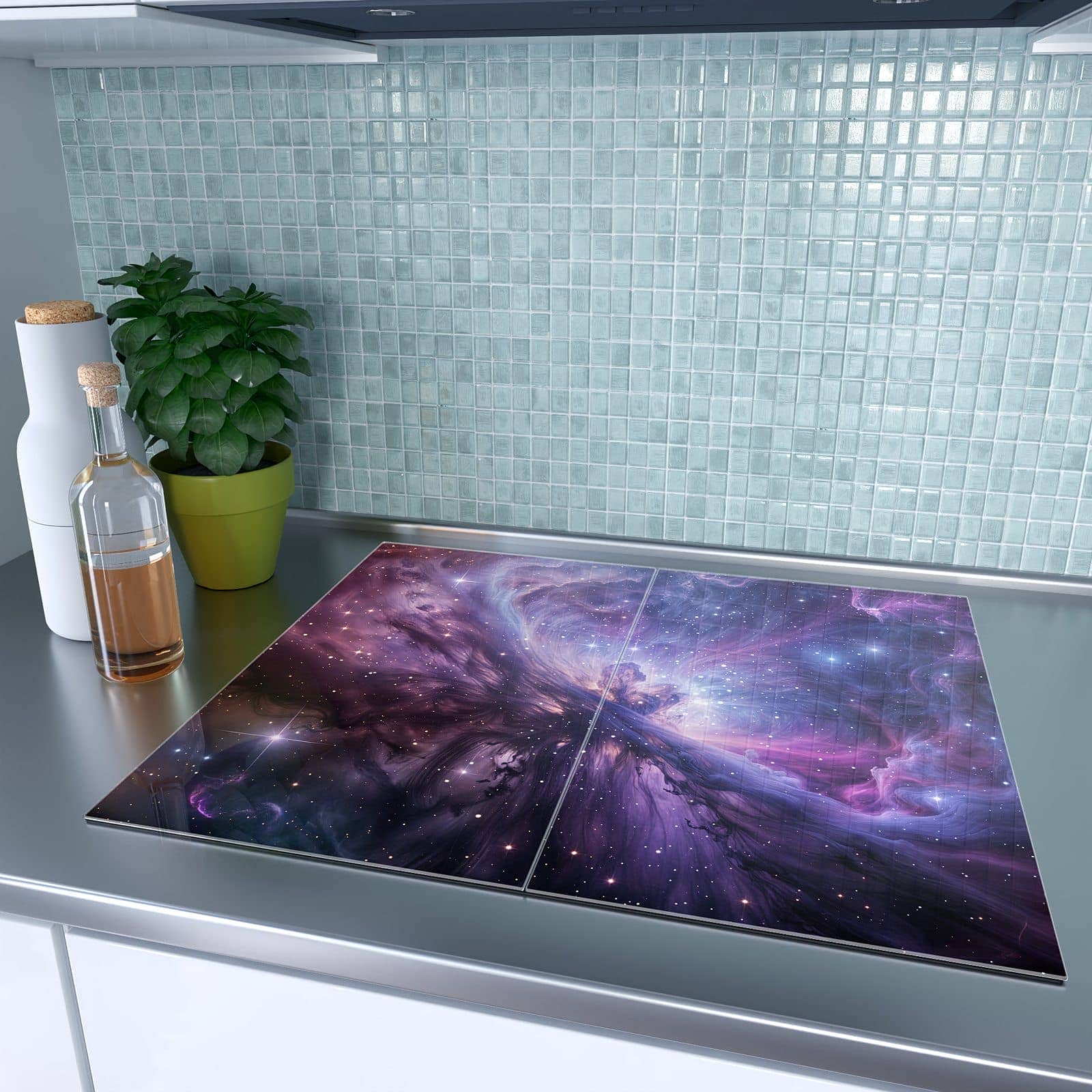 2-teilige Herdabdeckung für Induktionsfeld mit Galaktisches Leuchten-Motiv auf dem Ceranfeld
