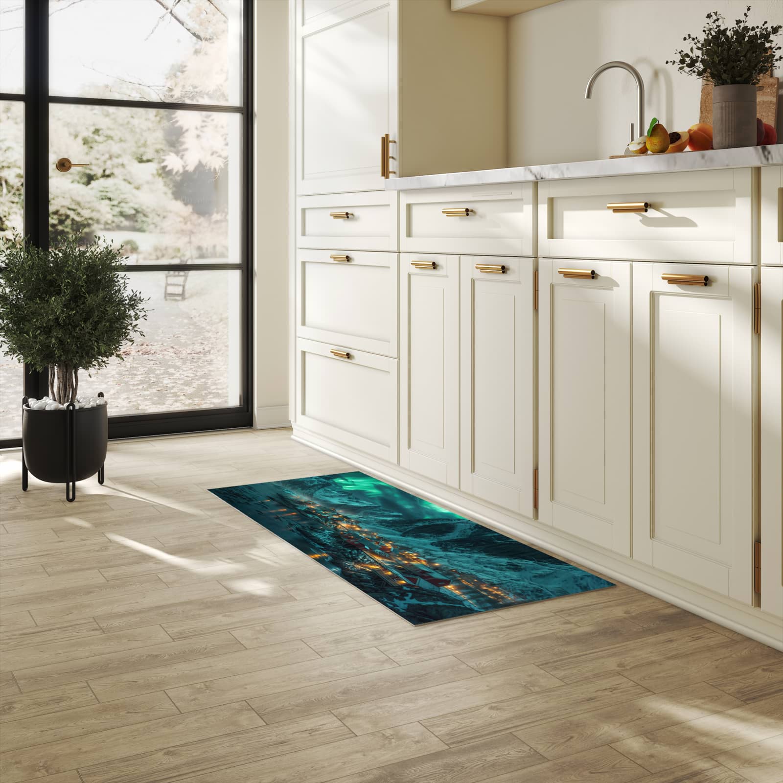 Fleckenresistenter rutschfester Küchenläufer mit Motiv Nordlichter über Fjord in heller Küche