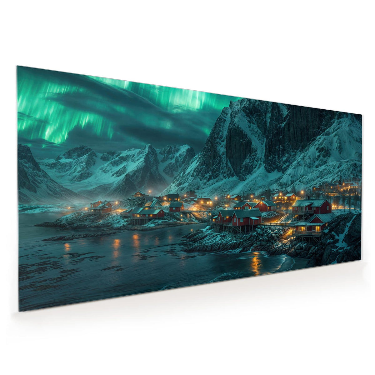 Küchenrückwand aus Glas im Hochformat mit Motiv Nordlichter über Fjord