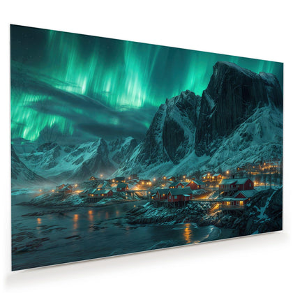 Wandbild mit dem Motiv Nordlichter über Fjord