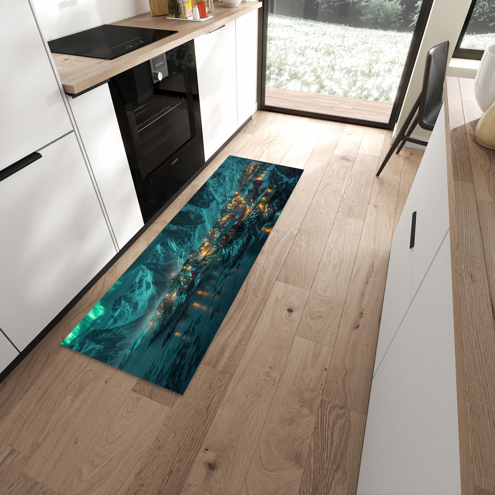 Flacher Küchenteppich mit Motiv Nordlichter über Fjord in moderner Küche