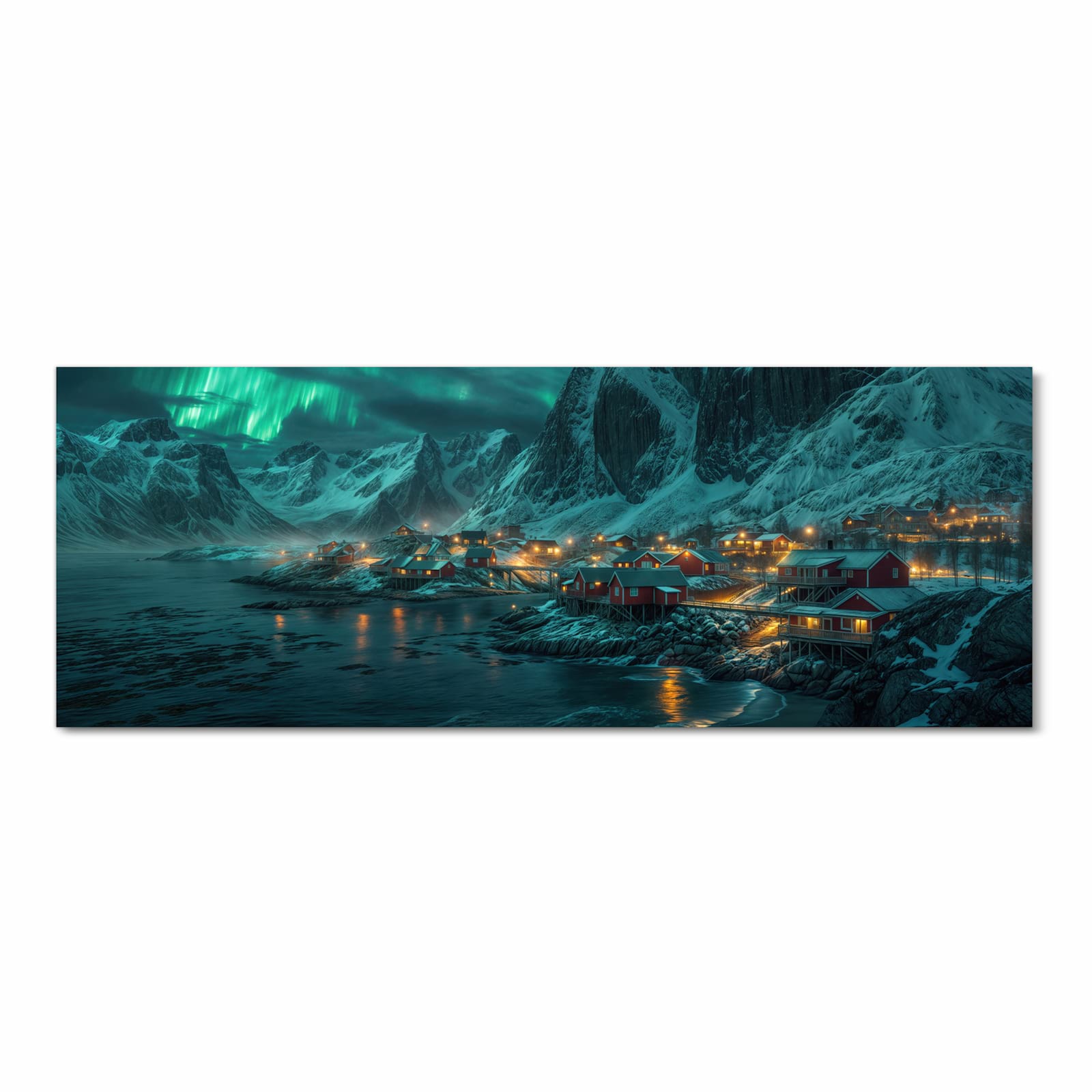 Wasserabweisender Läufer für die Küche mit Motiv Nordlichter über Fjord in Frontansicht