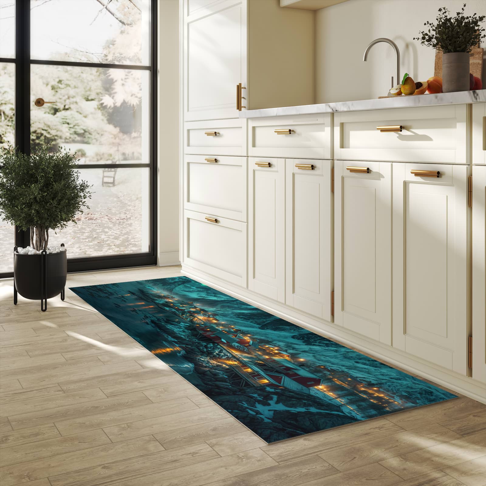 Rutschhemmender Küchenläufer mit Motiv Nordlichter über Fjord in heller Küche