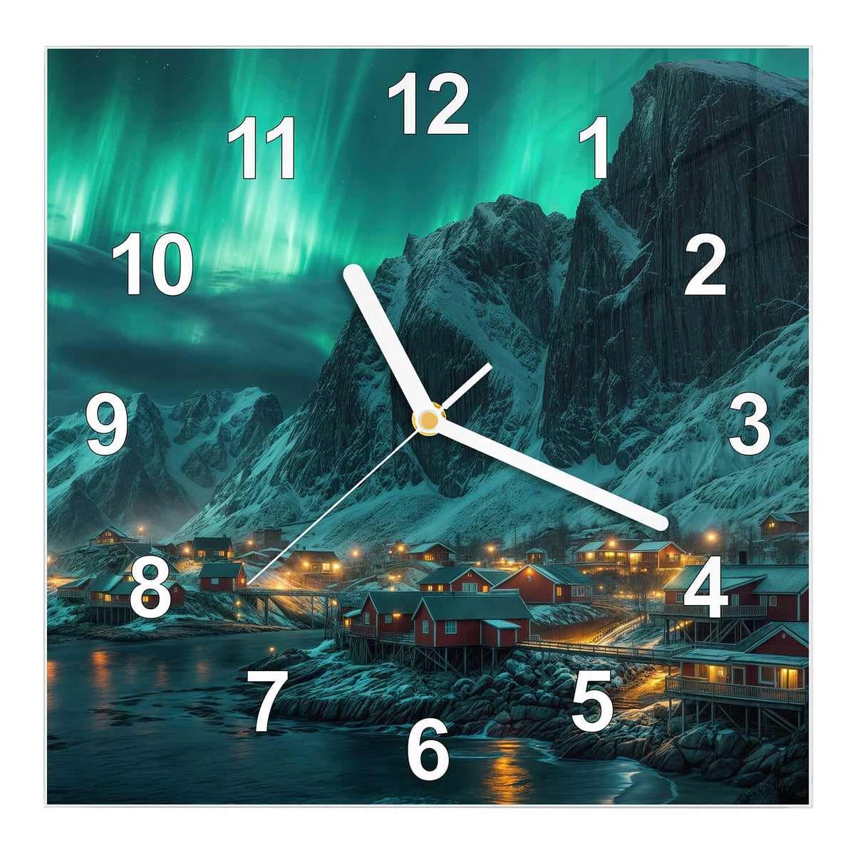Wanduhr aus Glas, Ziffernblatt Modern mit Motiv Nordlichter über Fjord #ziffernblatt_Modern