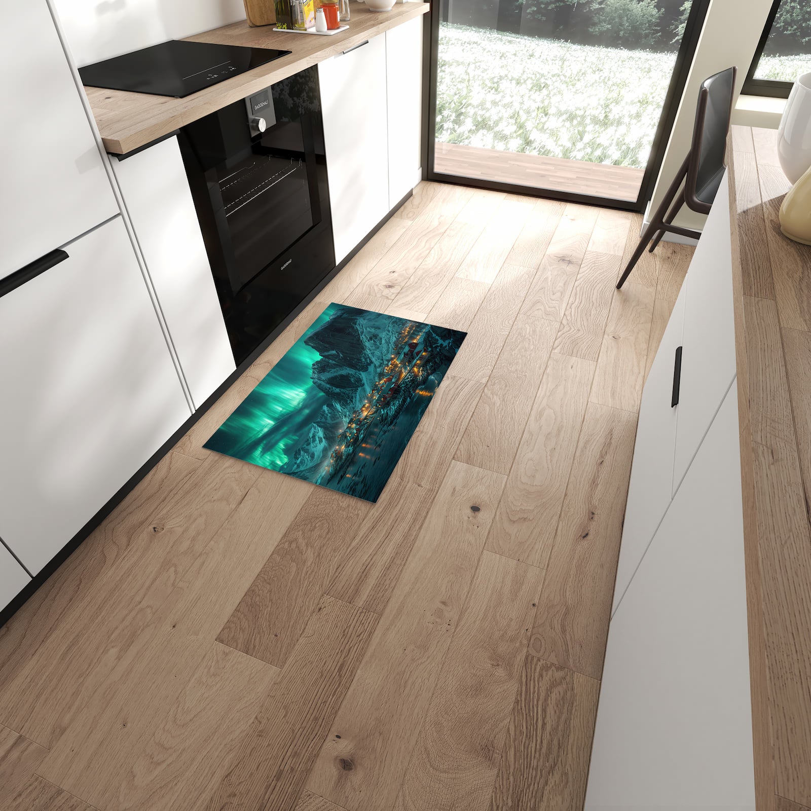 Pflegeleichter Küchenteppich mit Motiv Nordlichter über Fjord in moderner Küche