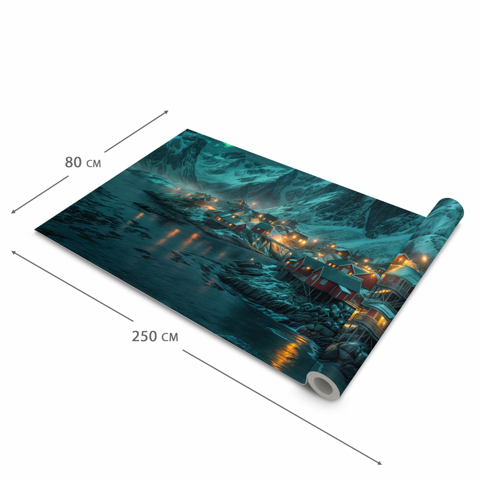 Feuchtigkeitsresistenter Teppich für die Küche mit Motiv Nordlichter über Fjord in der Grösse 80x280 cm