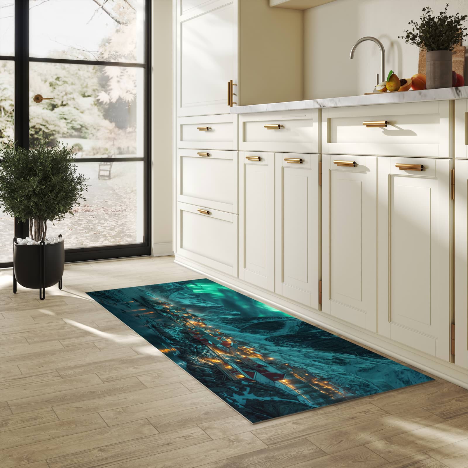 Komfortabler moderner Küchenläufer mit Motiv Nordlichter über Fjord in heller Küche