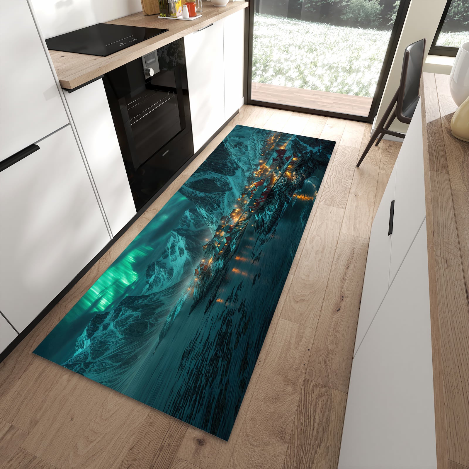 Rutschfester Küchenläufer mit Motiv Nordlichter über Fjord in moderner Küche