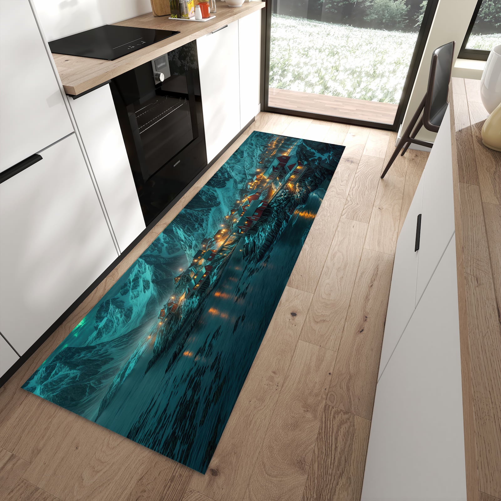 Hygienischer Küchenteppich mit Motiv Nordlichter über Fjord in moderner Küche