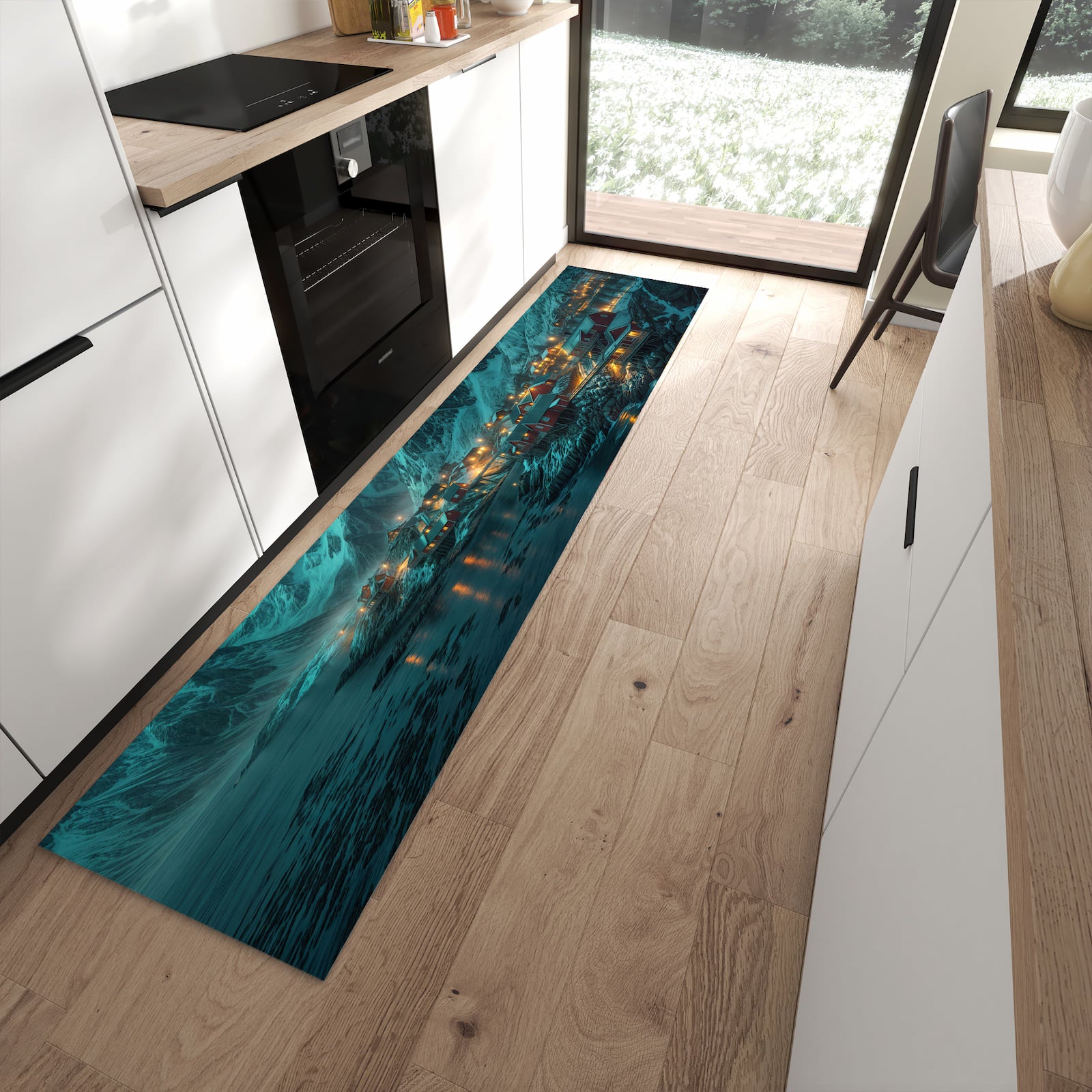 Komfortabler Küchenteppich mit Motiv Nordlichter über Fjord in moderner Küche