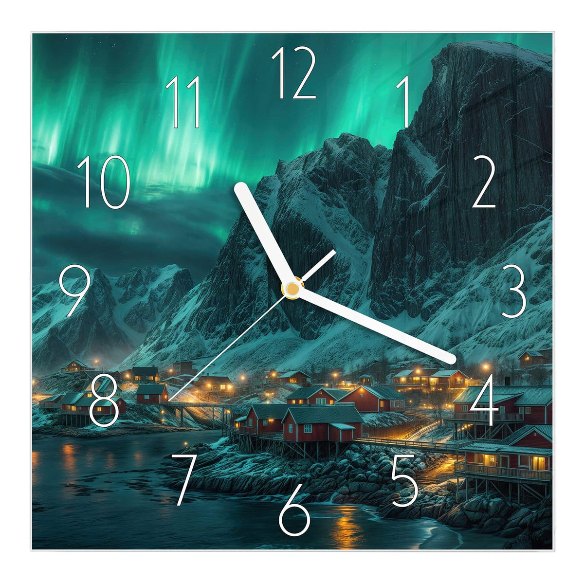 Wanduhr aus Glas, Ziffernblatt Elegant mit Motiv Nordlichter über Fjord #ziffernblatt_Elegant