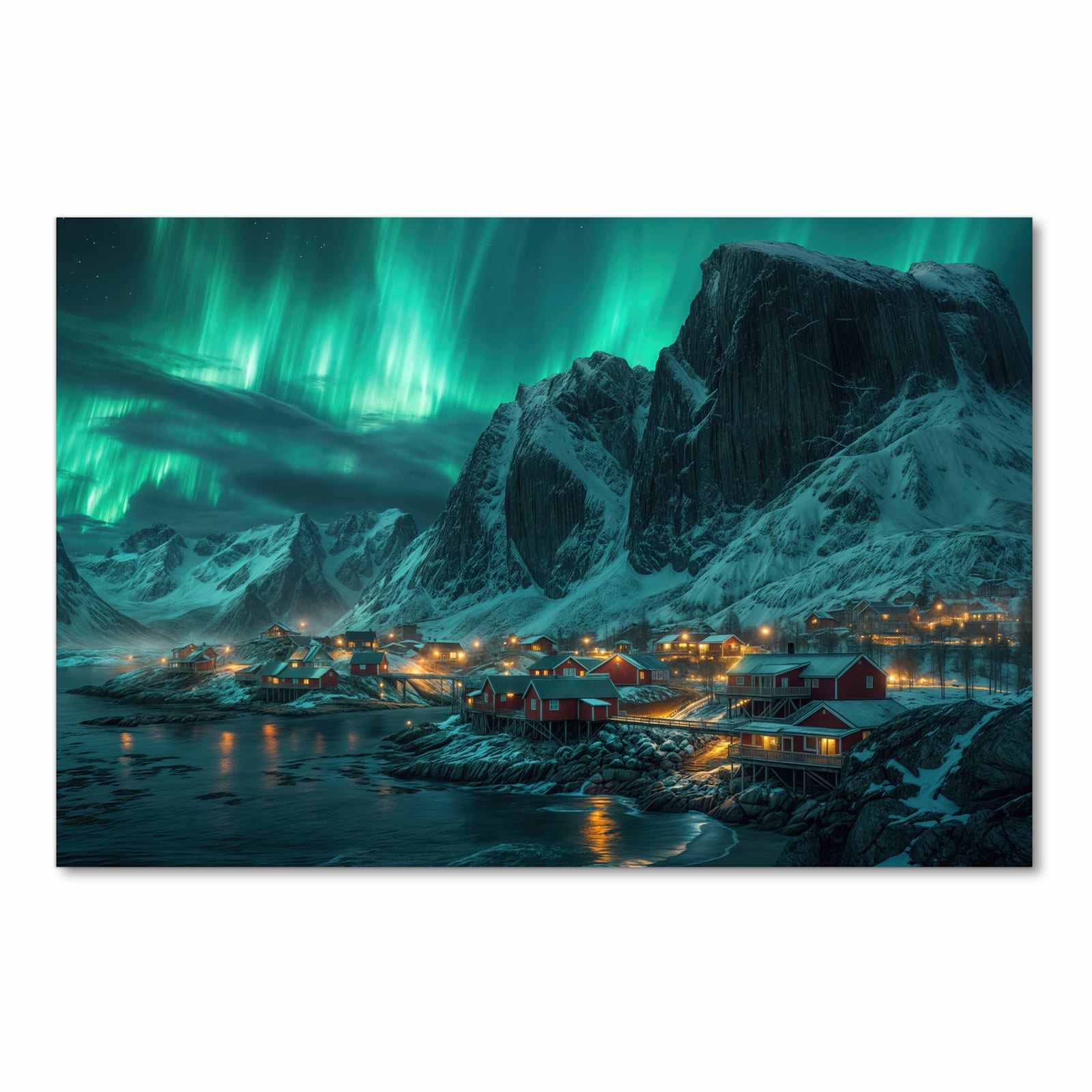 Geräuschdämpfender Küchenteppich mit Motiv Nordlichter über Fjord in Frontansicht