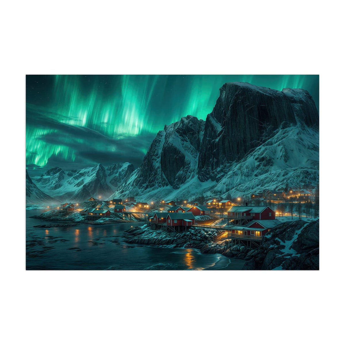 Küchenrückwand aus Glas Nordlichter über Fjord im Hochformat, Motiv bildfüllend von vorn