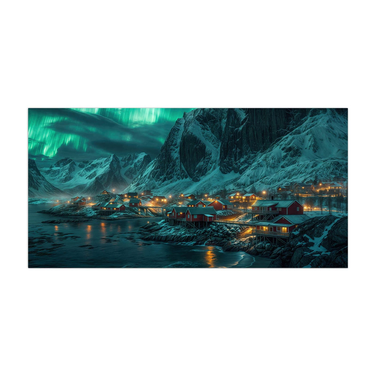 Küchenrückwand aus Glas Nordlichter über Fjord im Hochformat, Motiv bildfüllend von vorn
