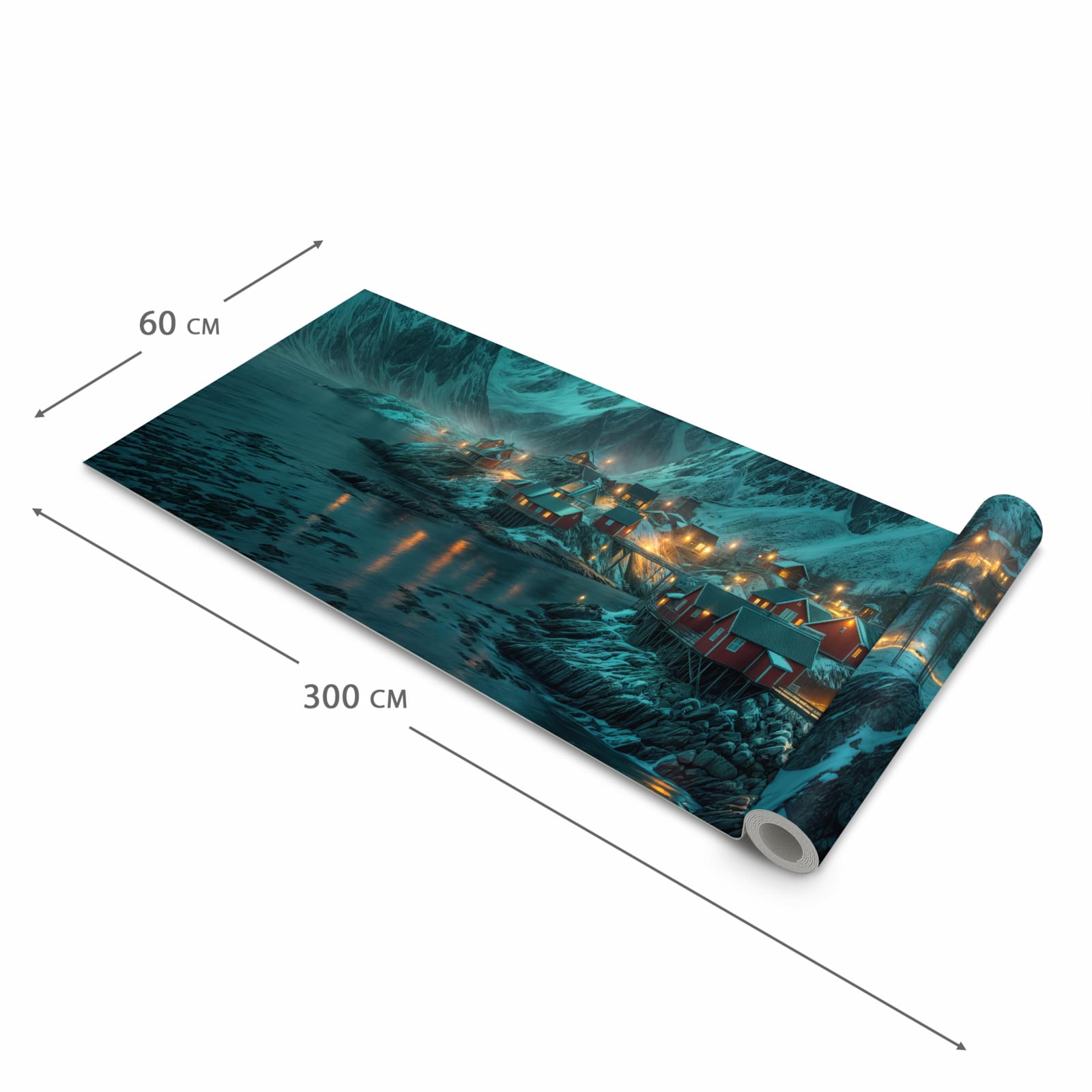 Waschbarer Küchenteppich mit Motiv Nordlichter über Fjord in der Größe 80x280 cm