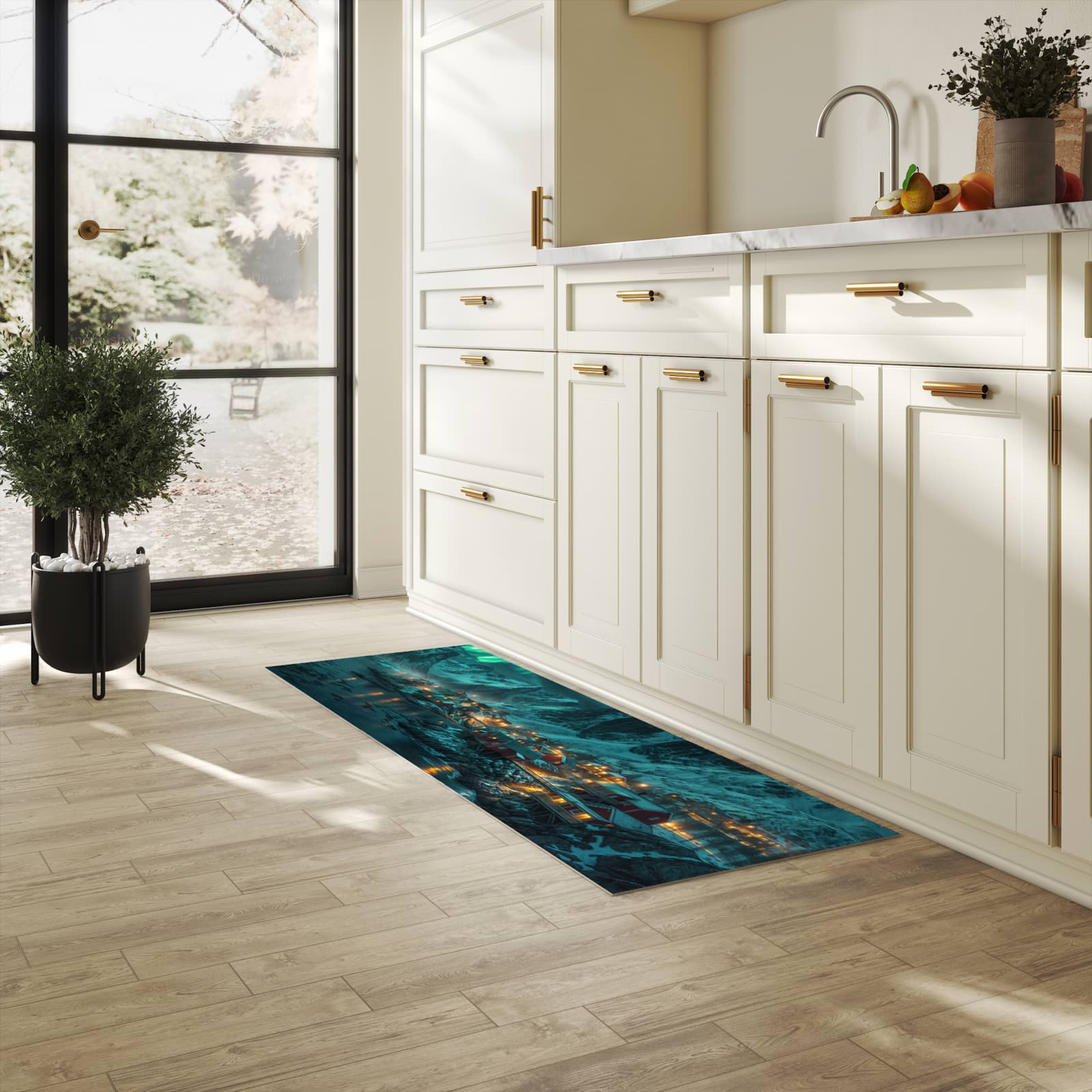 Schmutzabweisender Küchenläufer mit Motiv Nordlichter über Fjord in heller Küche