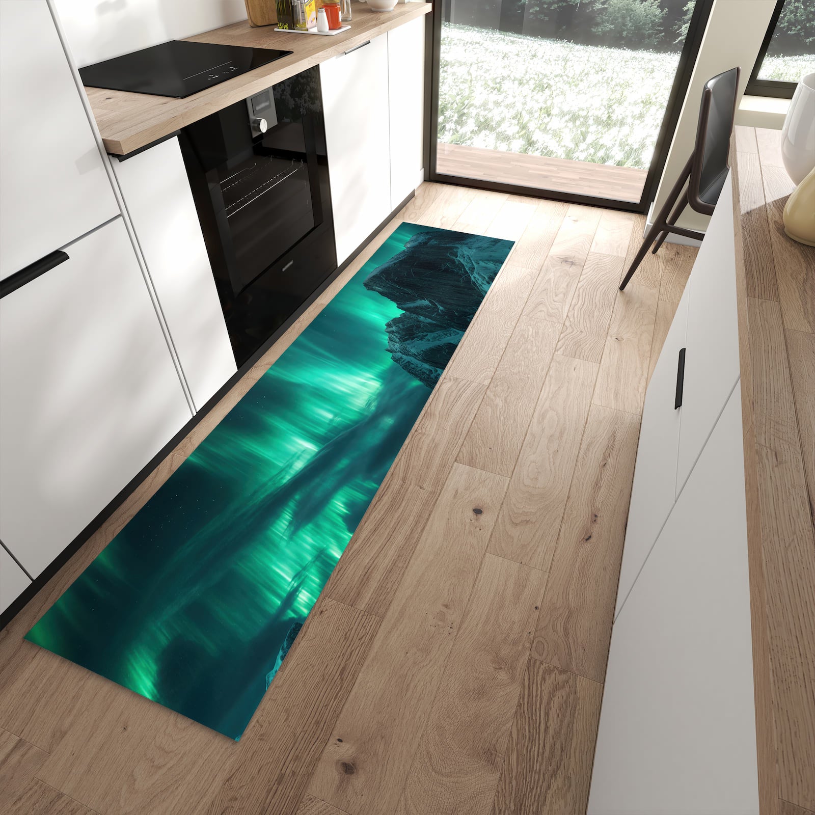 Pflegeleichter Teppich für Küche mit Motiv Nordlichter über Fjord in moderner Küche