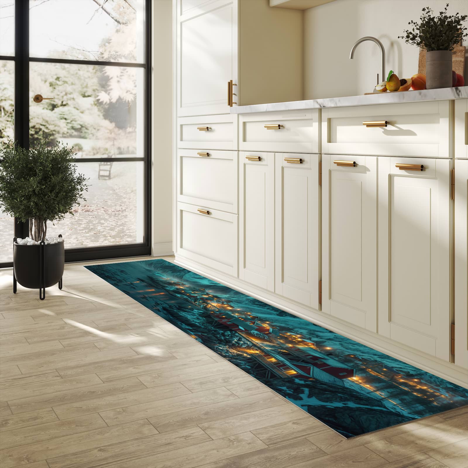 Flacher Küchenläufer nach Maß mit Motiv Nordlichter über Fjord in heller Küche