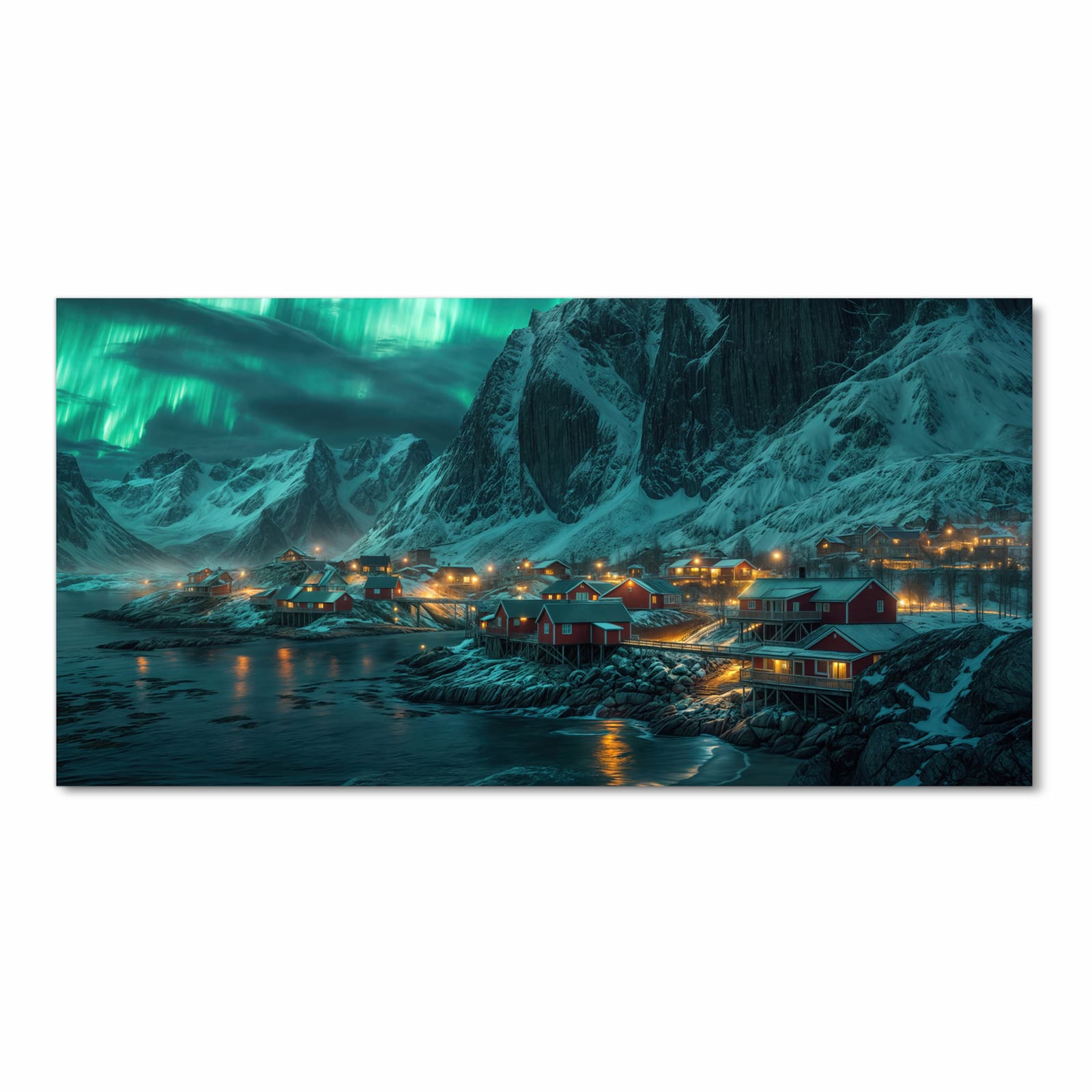 Abwaschbarer Küchenläufer mit Motiv Nordlichter über Fjord in Frontansicht für Ordnung