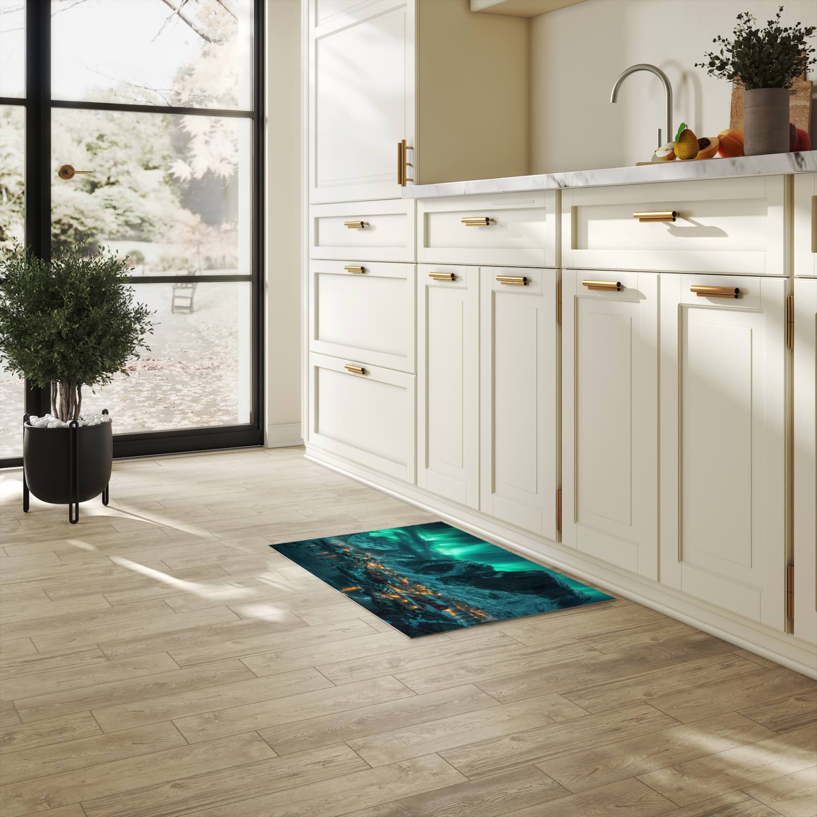 Pflegeleichter waschbarer Küchenläufer mit Motiv Nordlichter über Fjord in heller Küche