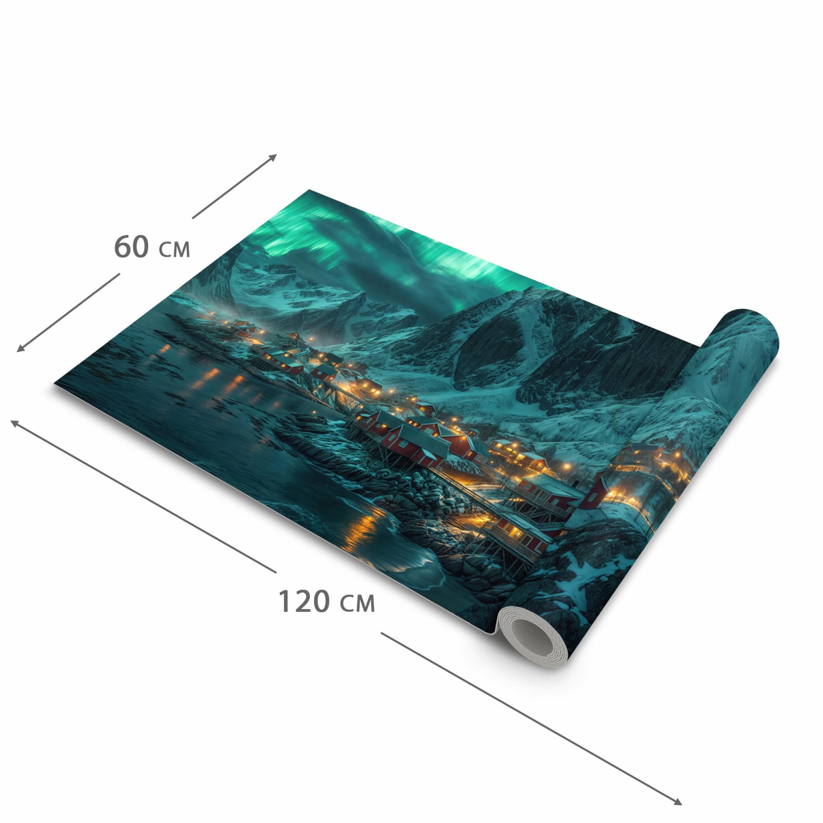 Waschbarer rutschfester Küchenläufer mit Motiv Nordlichter über Fjord in der Grösse 80x280 cm