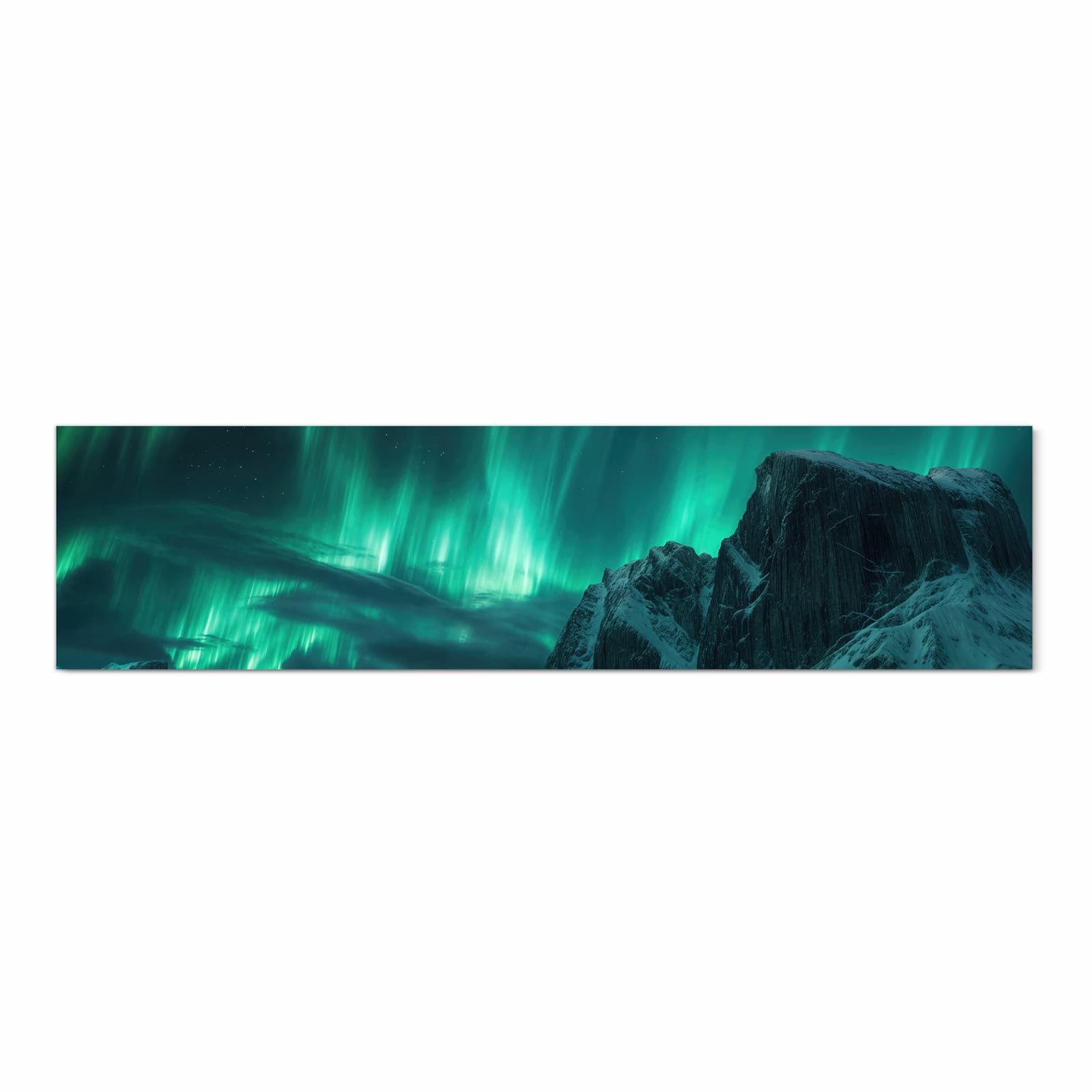 Formstabiler Küchenteppich mit Motiv Nordlichter über Fjord in Frontansicht