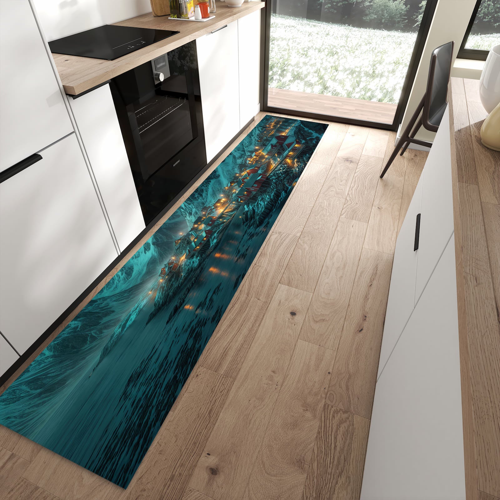 Rutschfester Küchenteppich mit Motiv Nordlichter über Fjord in moderner Küche