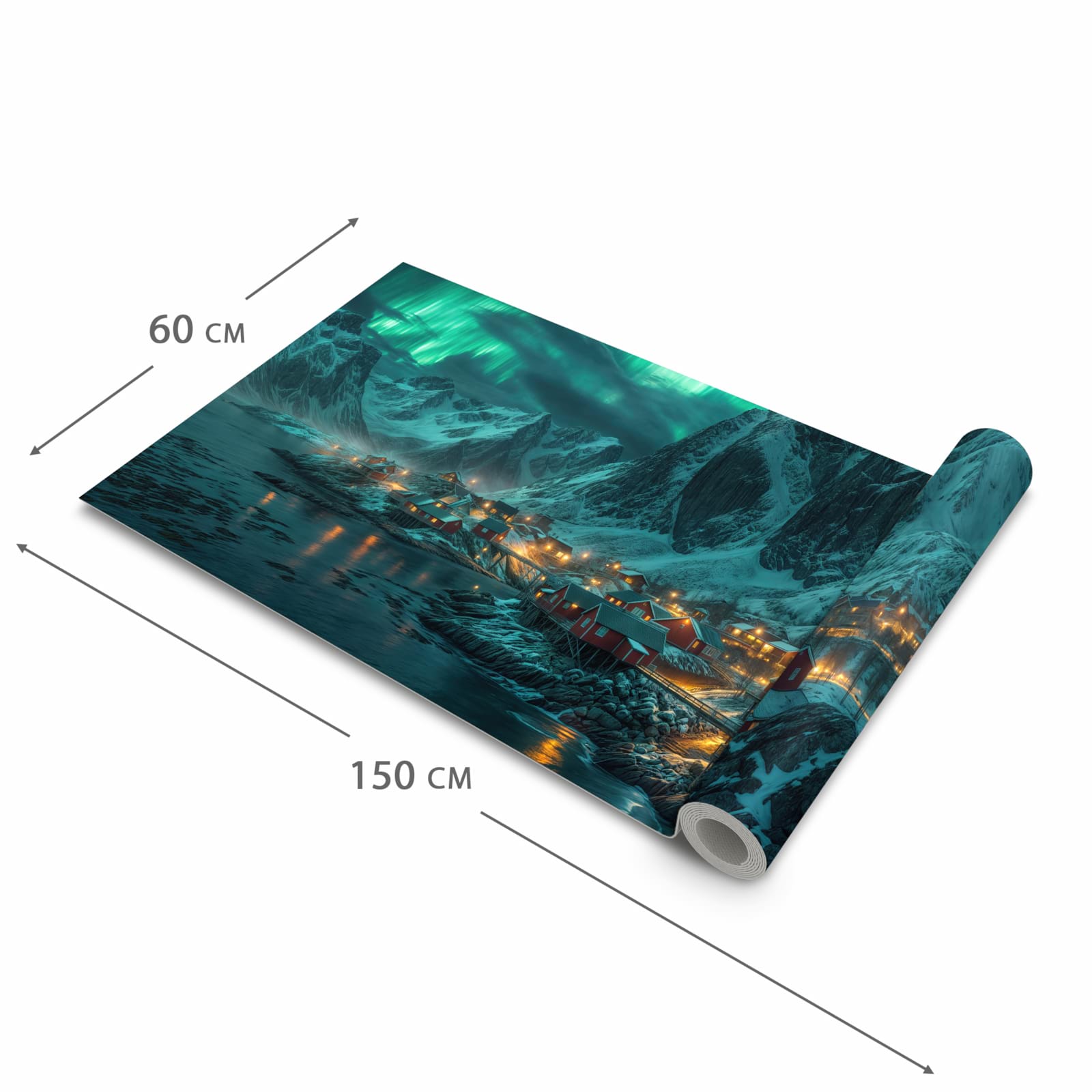 Pflegeleichter moderner Küchenläufer mit Motiv Nordlichter über Fjord in der Grösse 80x280 cm