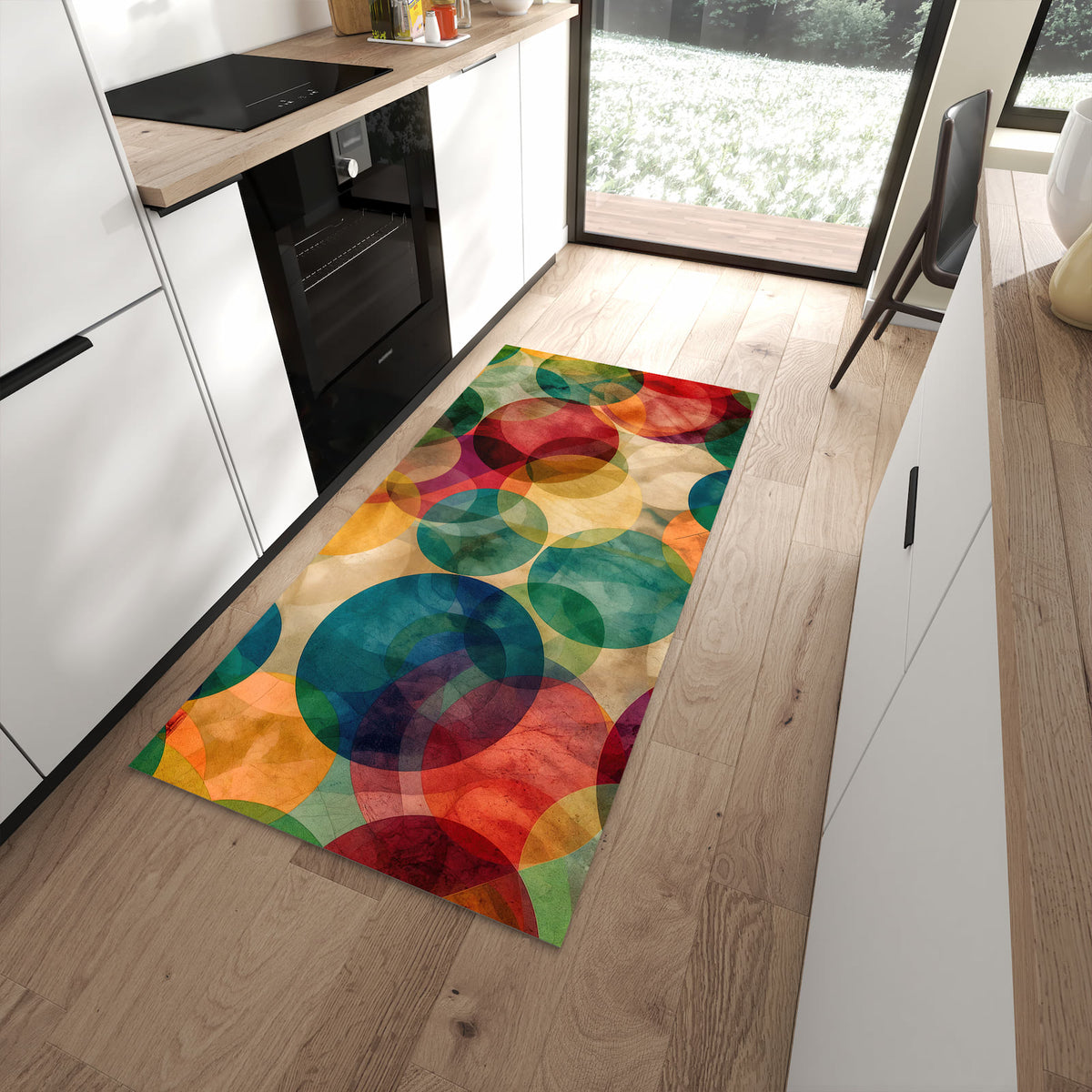 Fleckenresistenter moderner Küchenläufer mit Motiv Farbenfrohe Kreise in moderner Küche