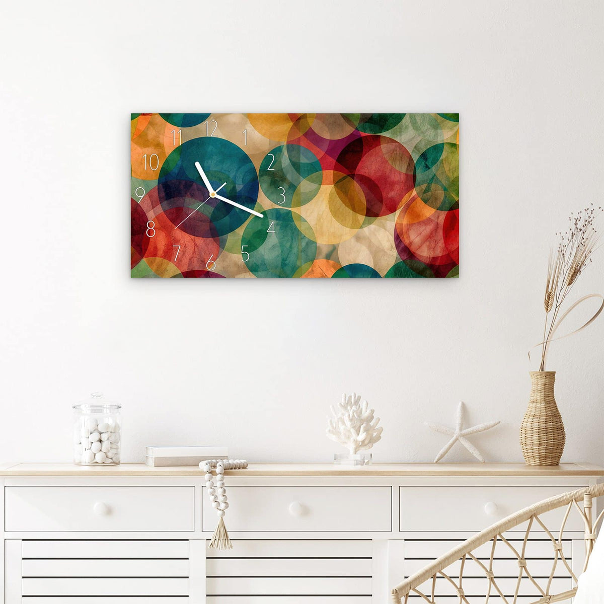 Wanduhr Farbenfrohe Kreise aus Glas – Querformat 60 × 30 cm – Durchscheinende Kreise in vielen Farben