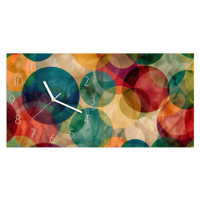 Wanduhr Farbenfrohe Kreise aus Glas – Querformat 60 × 30 cm mit Ziffernblatt Elegant