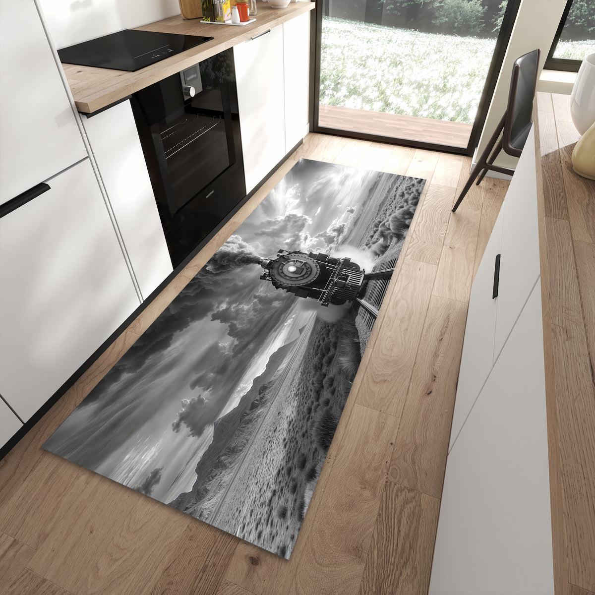 Bodenschonender Küchenteppich mit Motiv Dampflok in Wüste in moderner Küche