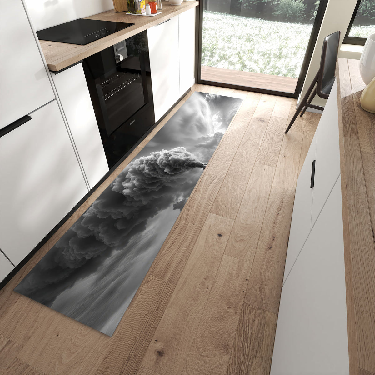 Waschbarer Küchenteppich mit Motiv Dampflok in Wüste in moderner Küche