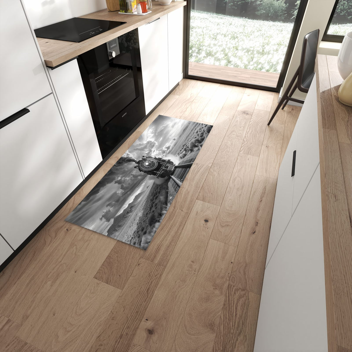 Langlebiger Küchenläufer mit Motiv Dampflok in Wüste in moderner Küche #grösse_60 x 150 cm