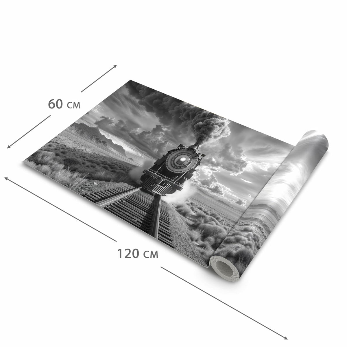 Waschbarer dünner Küchenteppich mit Motiv Dampflok in Wüste in der Grösse 80x250 cm
