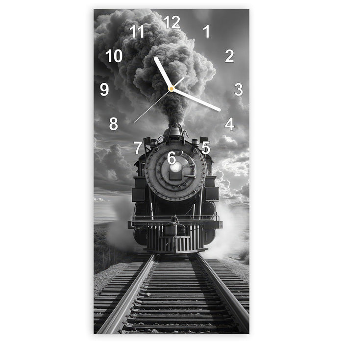 Wanduhr Dampflok in Wüste aus Glas – Hochformat 30 × 60 cm mit Ziffernblatt Modern