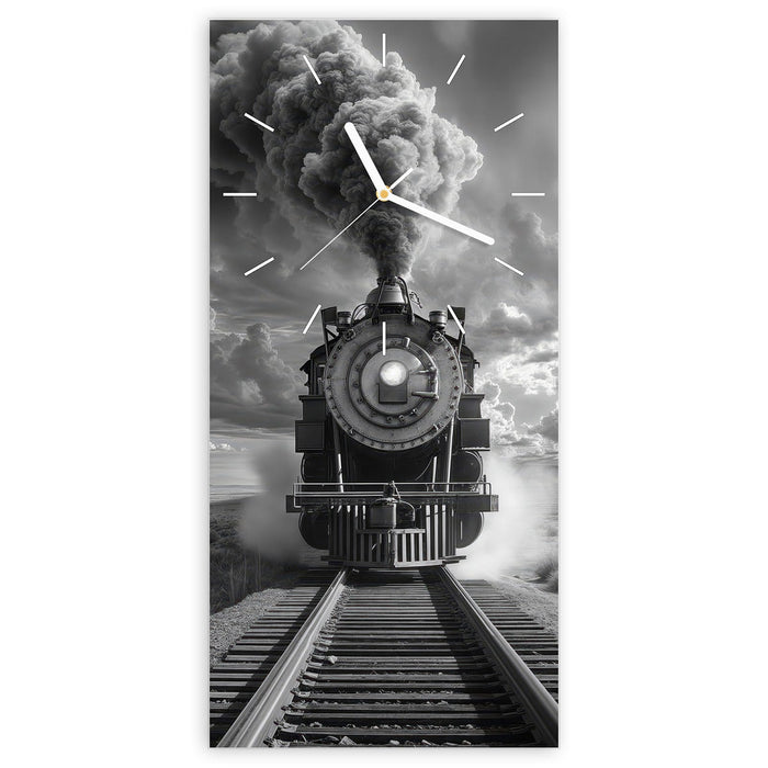 Wanduhr Dampflok in Wüste aus Glas – Hochformat 30 × 60 cm mit Ziffernblatt Linie