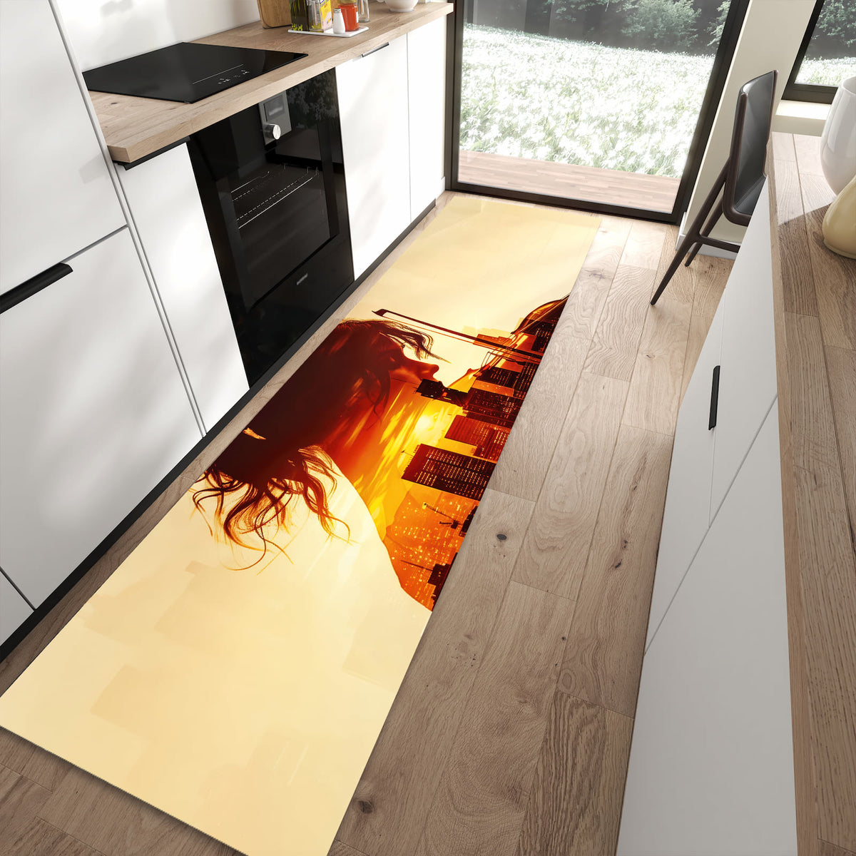 Wasserabweisender Teppich für die Küche mit Motiv Geige vor Skyline in moderner Küche