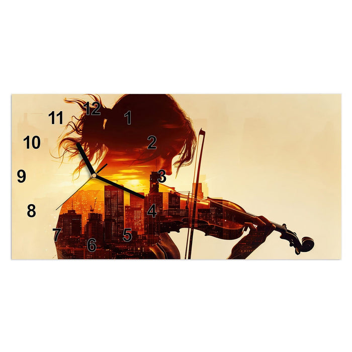 Wanduhr Geige vor Skyline aus Glas – Querformat 60 × 30 cm mit Ziffernblatt Modern