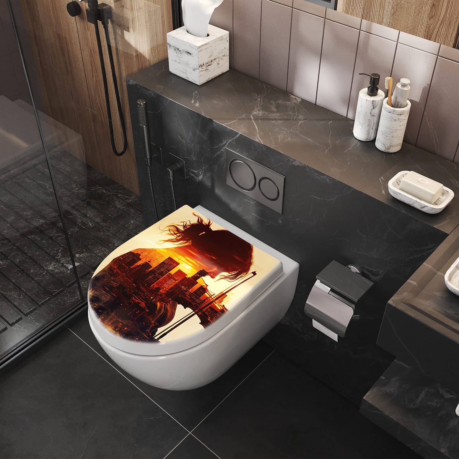 WC-Sitz mit Absenkautomatik Geige vor Skyline
