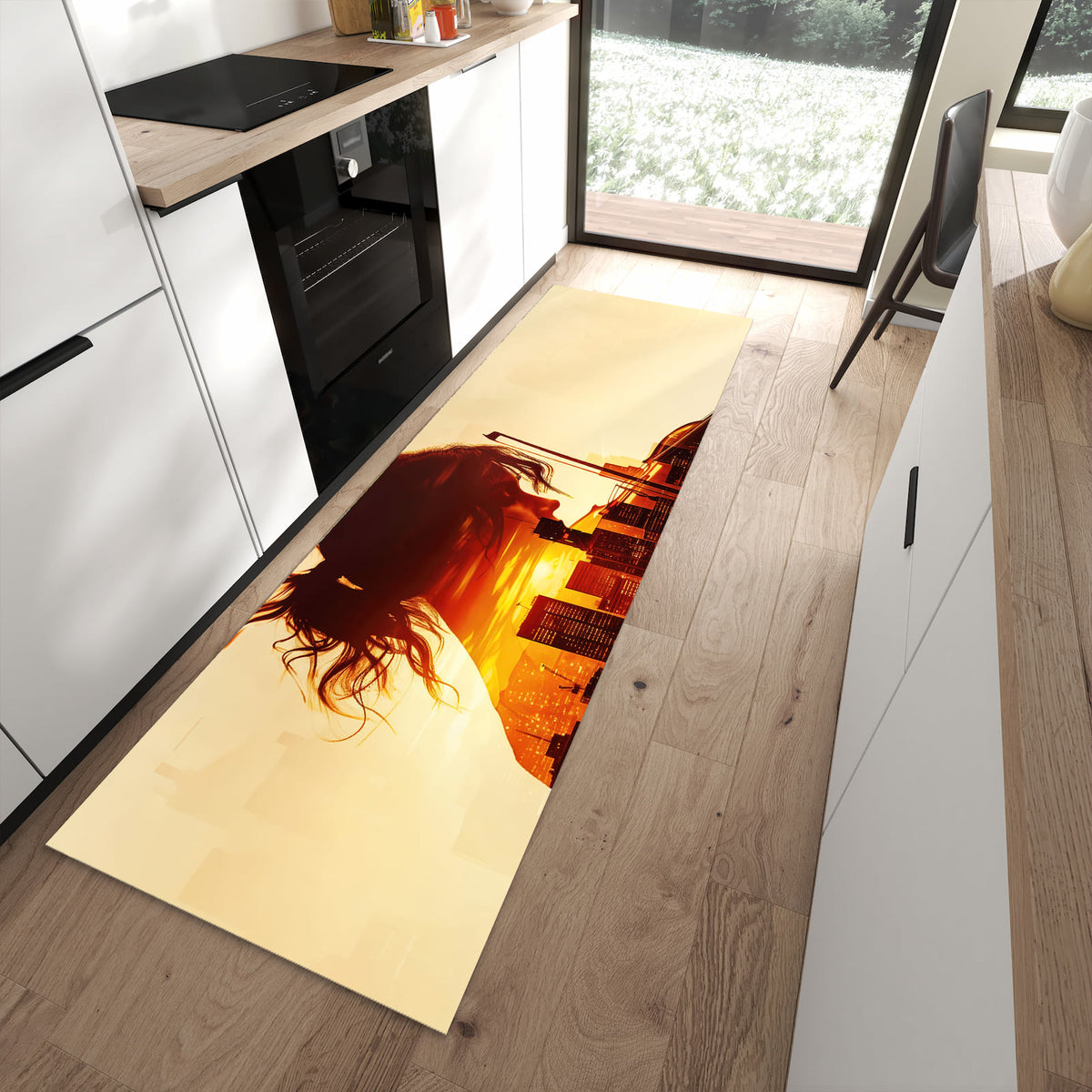 UV-beständiger Teppich für Küche mit Motiv Geige vor Skyline in moderner Küche