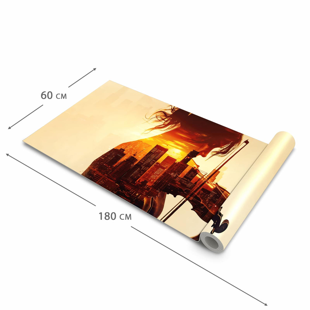 Waschbarer Küchenteppich mit Motiv Geige vor Skyline in der Größe 80x250 cm für Trittkomfort