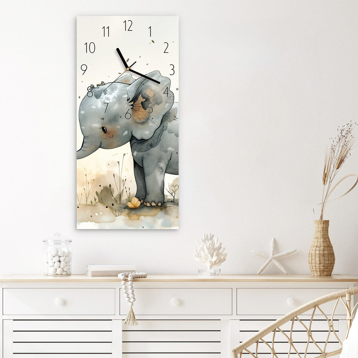 Wanduhr Elefantenfamilie aus Glas – Elefantenmutter mit Jungtier