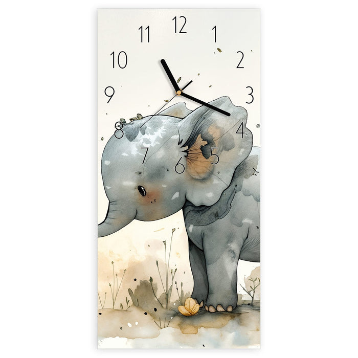 Wanduhr Elefantenfamilie aus Glas – Hochformat 30 × 60 cm mit Ziffernblatt Elegant
