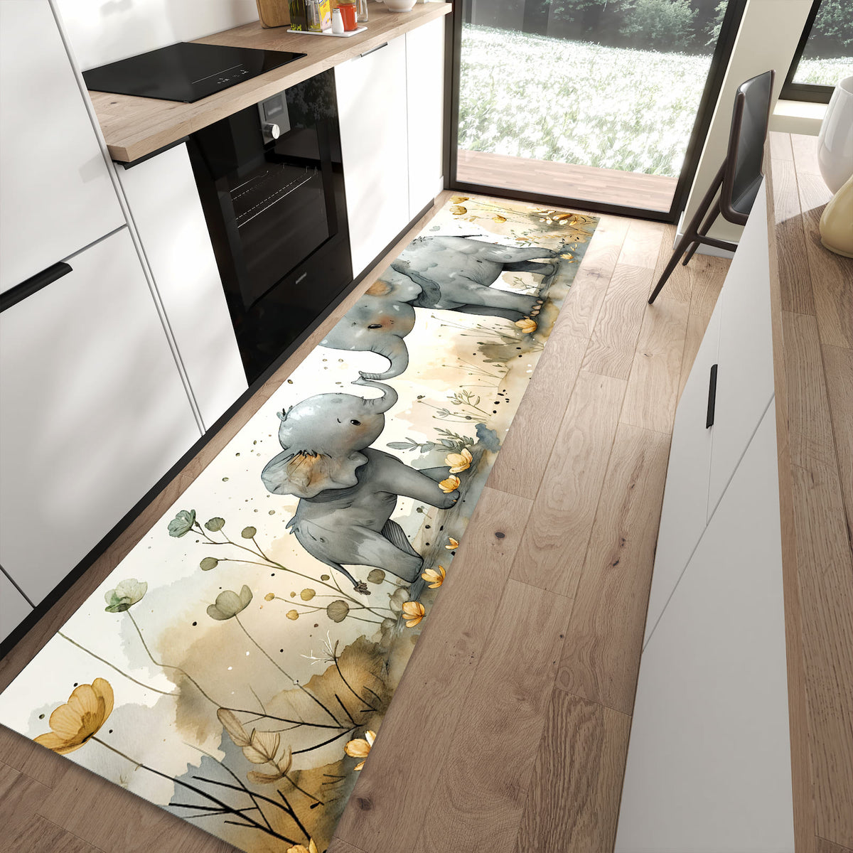 Rutschfester Küchenläufer mit Motiv Elefantenfamilie in moderner Küche