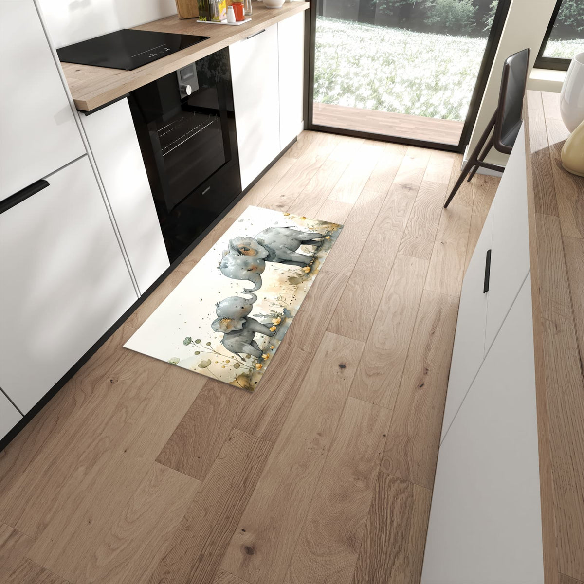 Flacher Küchenteppich mit Motiv Elefantenfamilie in moderner Küche - waschbar #grösse_60 x 120 cm