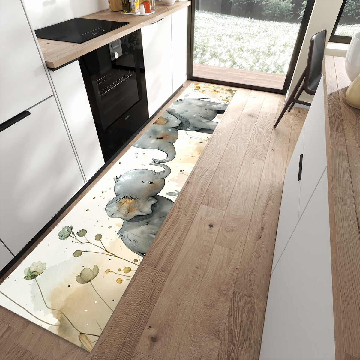 Küchenteppich mit Motiv Elefantenfamilie für angenehme Haptik in moderner Küche