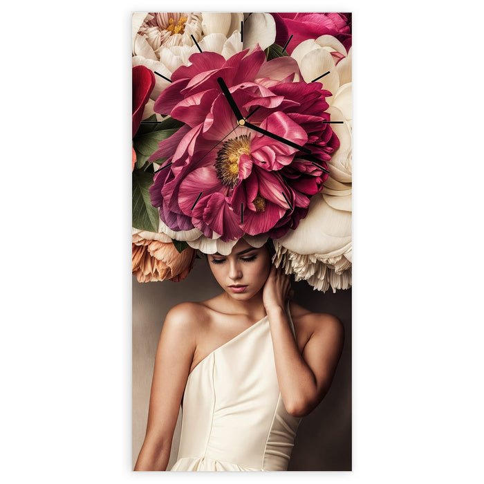 Wanduhr Blumenhut Portrait aus Glas – Hochformat 30 × 60 cm mit Ziffernblatt Linie