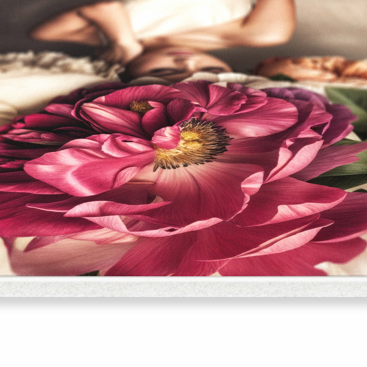 Flacher Teppich fürs Esszimmer mit Motiv Blumenhut Portrait in seitlicher Ansicht, waschbar