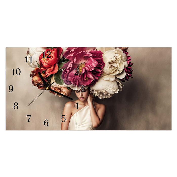 Wanduhr Blumenhut Portrait aus Glas – Querformat 60 × 30 cm mit Ziffernblatt Klassisch